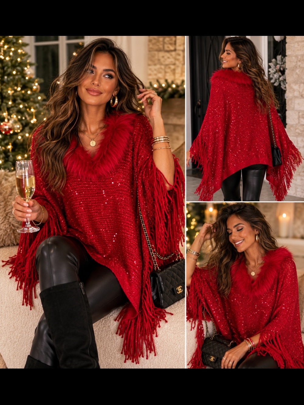 Sapphire Red Sequin Fringe Poncho Faux Fur Collar Shawl Wrap Holiday Glam